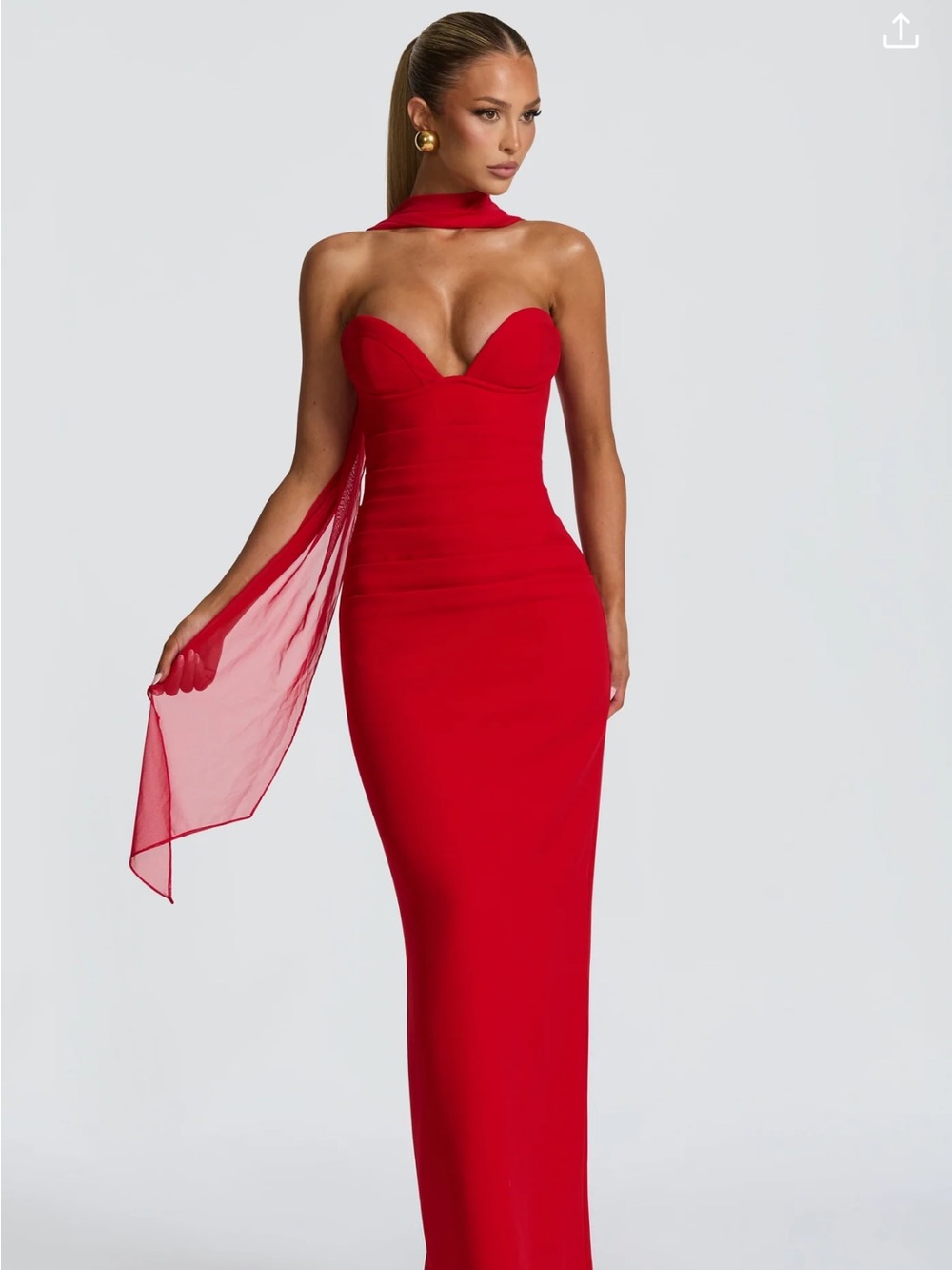 Red Strapless Evening Gown with Sheer Scarf